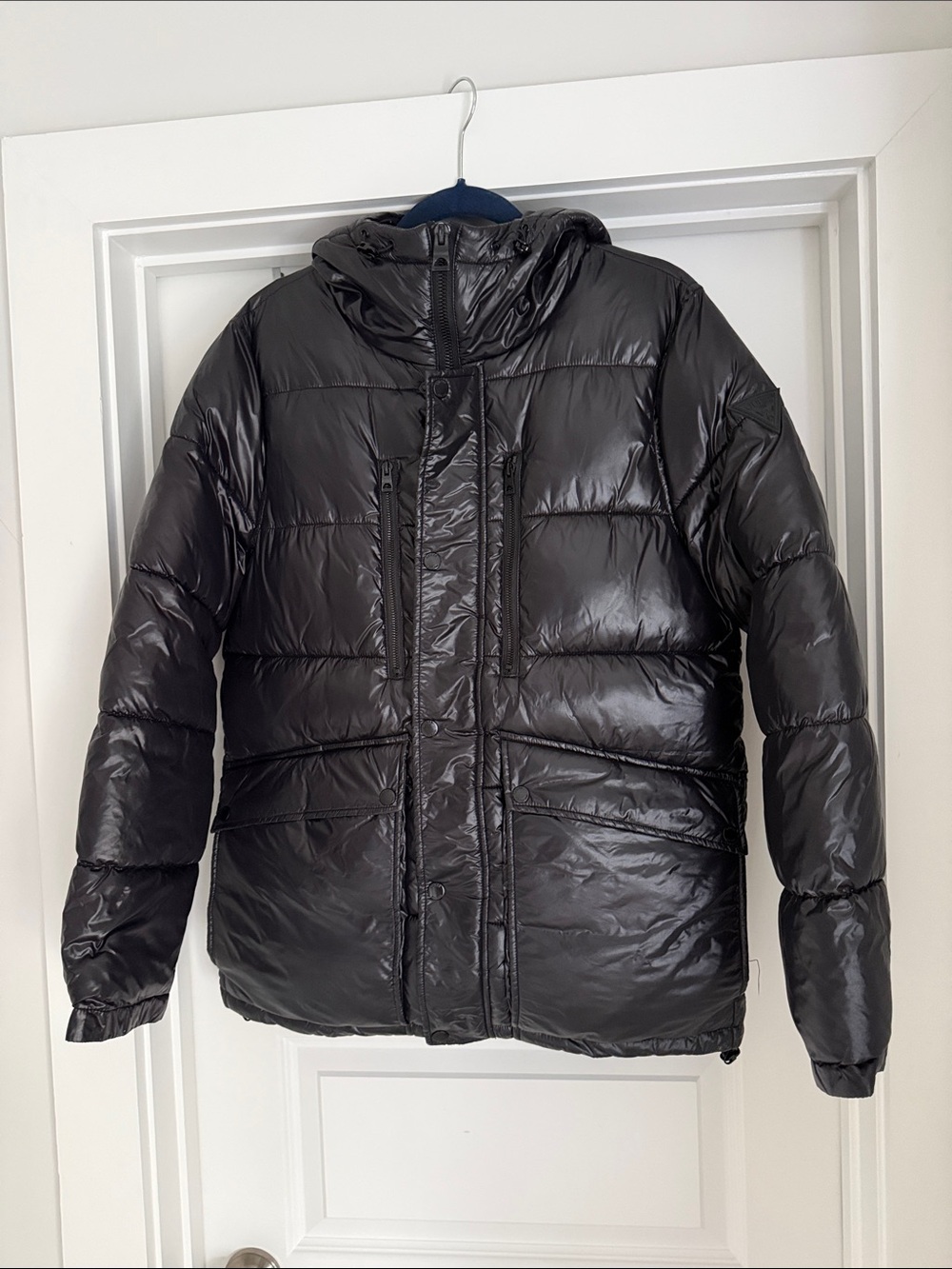 Guess Men's Shiny Black Hooded Puffer Jacket